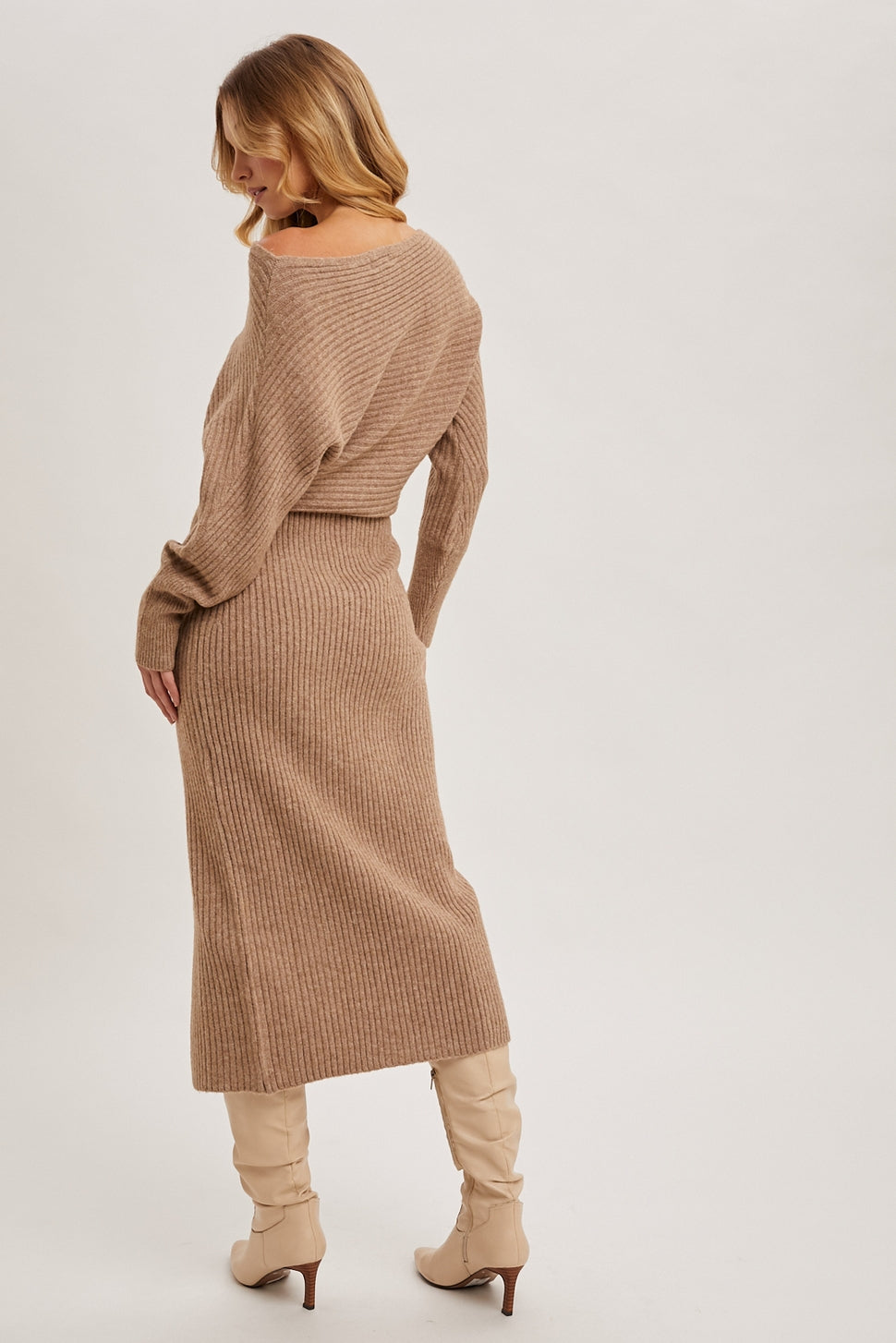 The Mila One-Shoulder Slit Midi Sweater Dress Latte