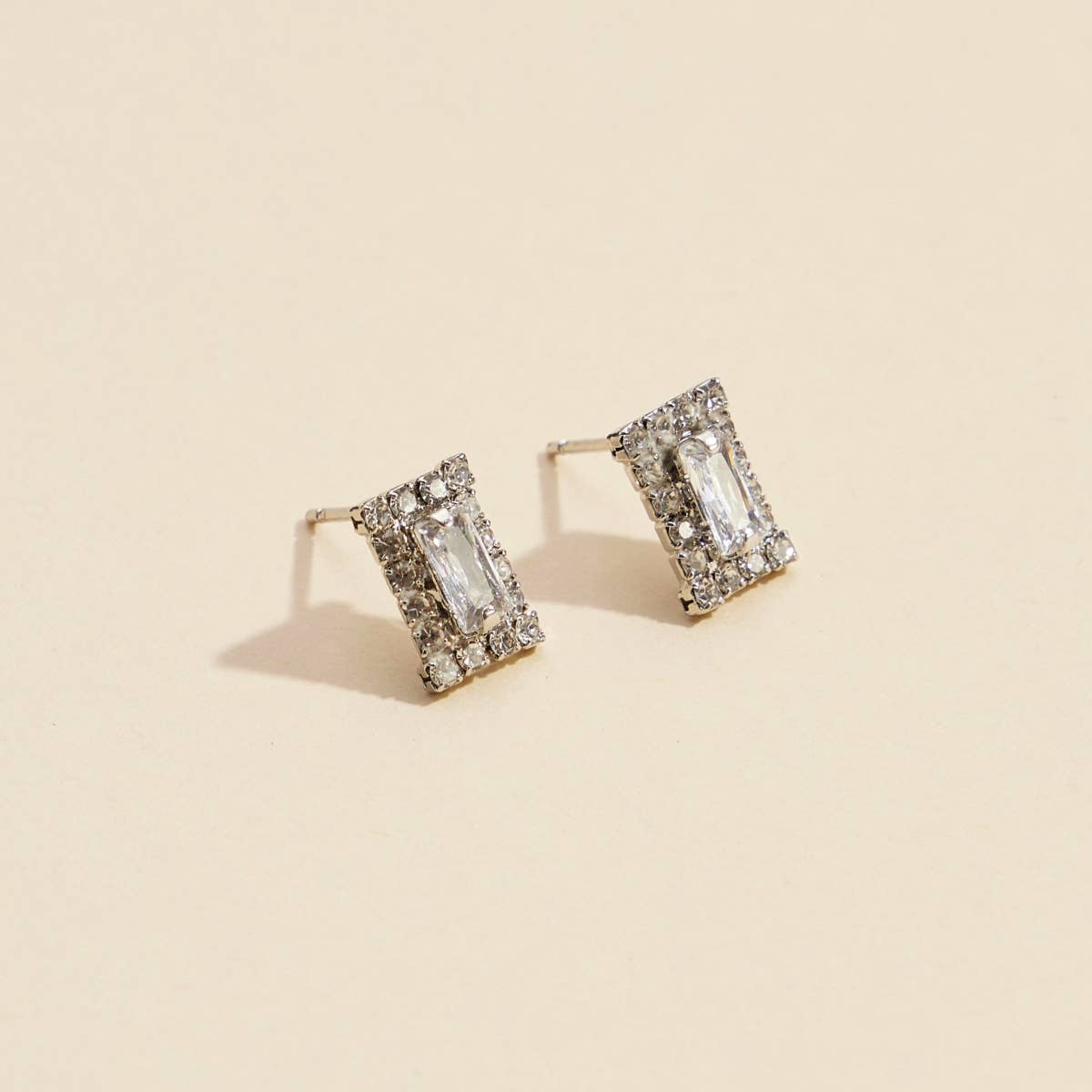 Rhinestone Rectangle Gold Dip Stud Earrings - White Gold