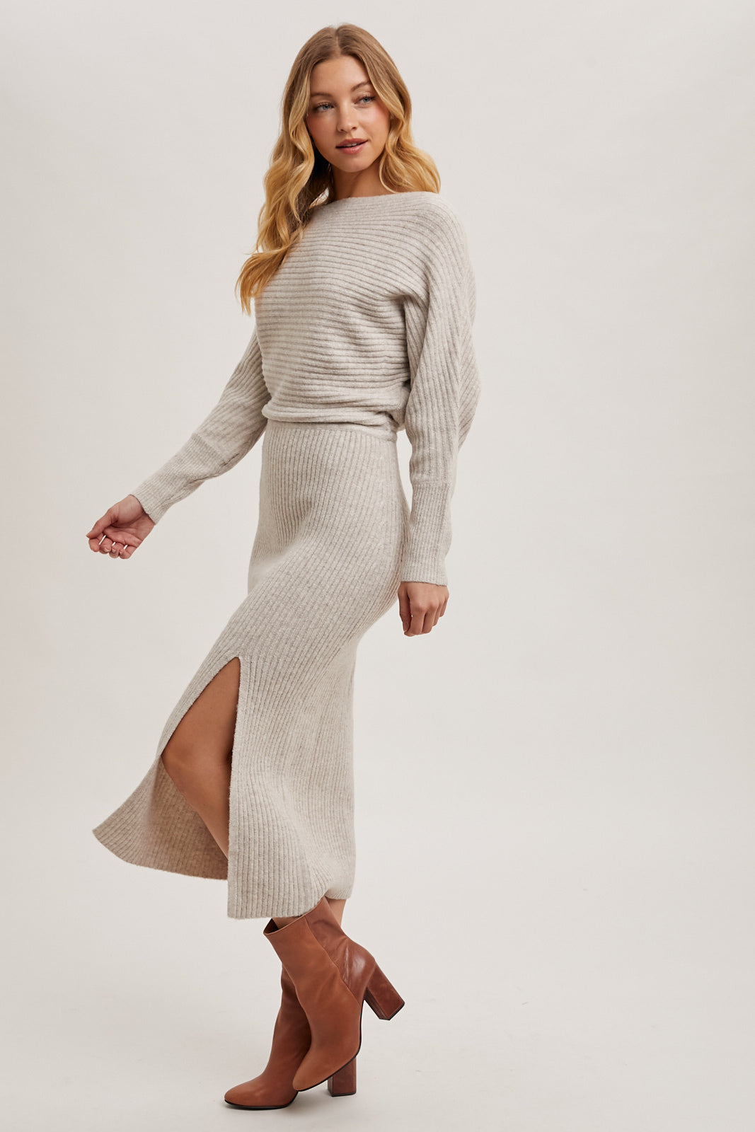 The Mila One-Shoulder Slit Midi Sweater Dress Oatmeal