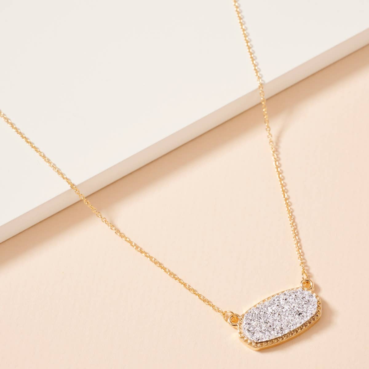 Druzy Stone Charm Short Necklace - Silver