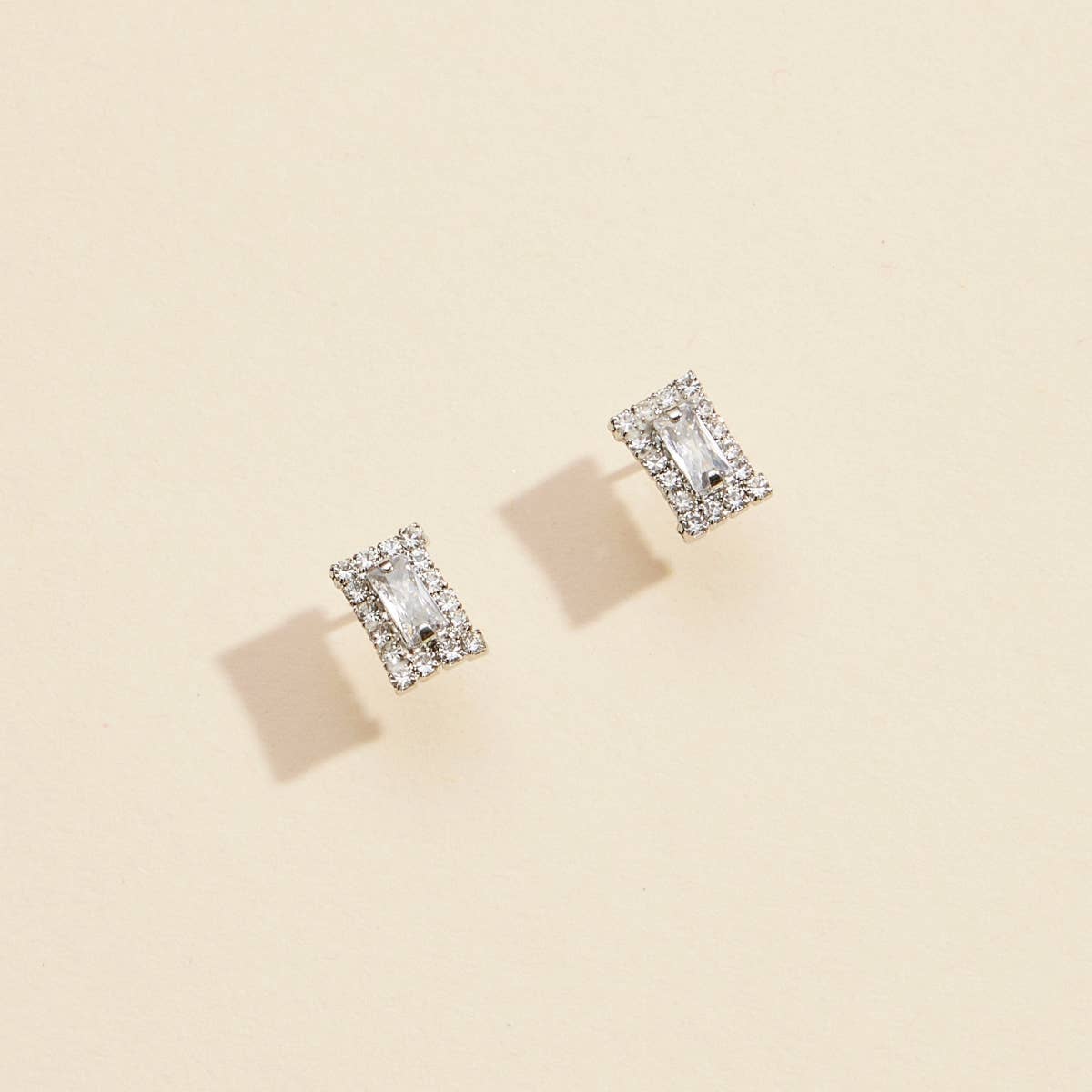 Rhinestone Rectangle Gold Dip Stud Earrings - White Gold