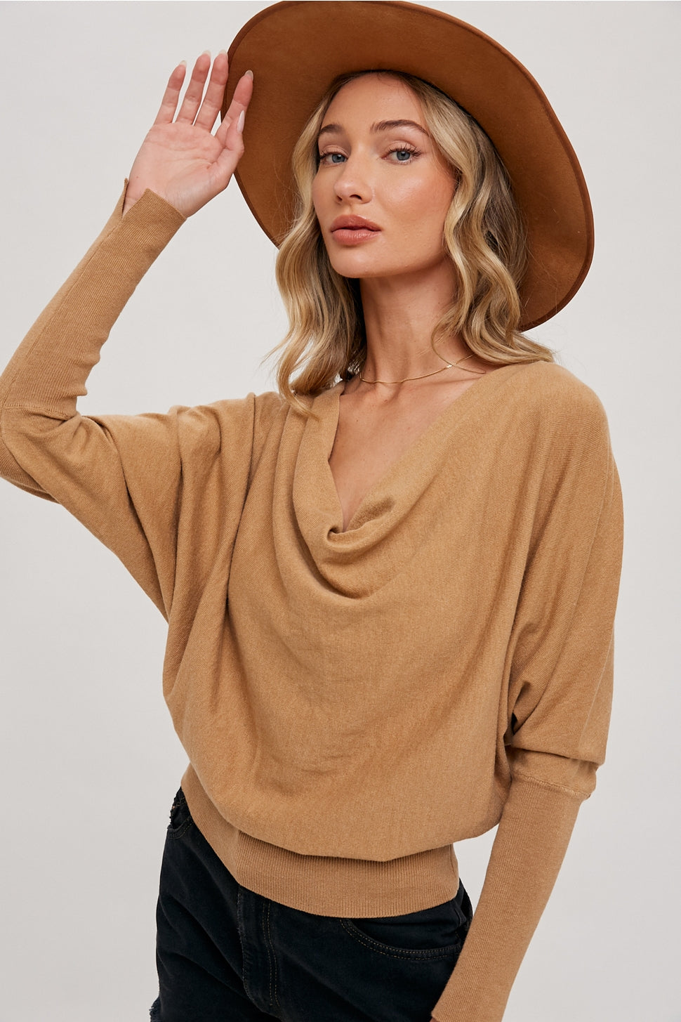 The Cora Dolman Cowl Neck or One Shoulder Knit Top