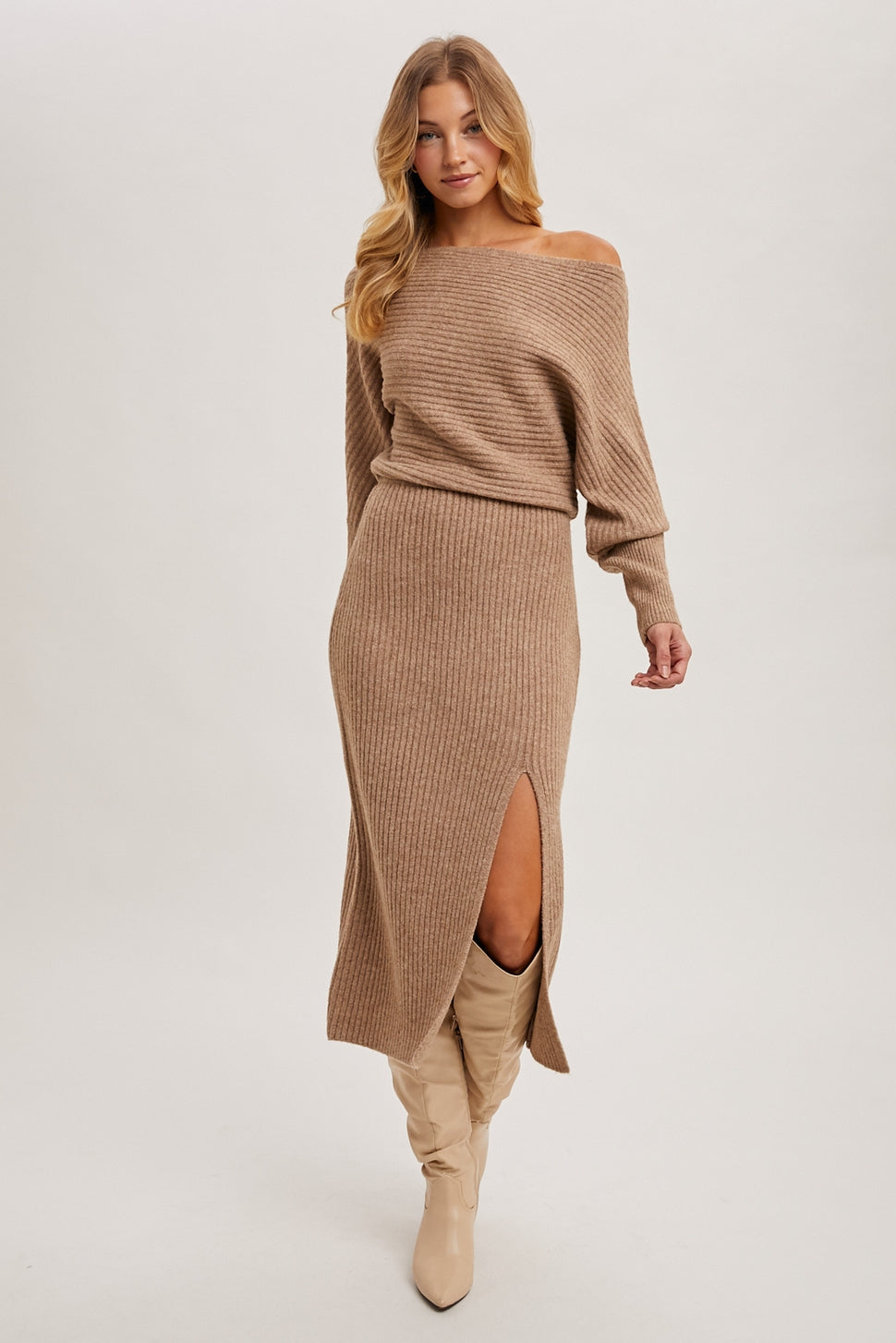 The Mila One-Shoulder Slit Midi Sweater Dress Latte