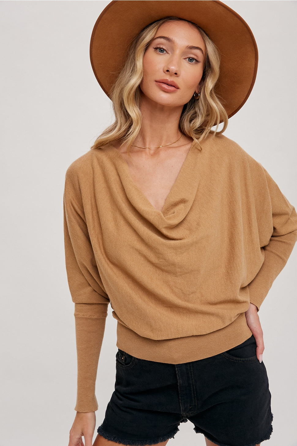 The Cora Dolman Cowl Neck or One Shoulder Knit Top