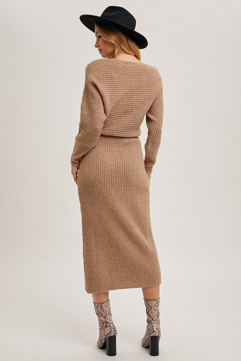 The Mila One-Shoulder Slit Midi Sweater Dress Latte