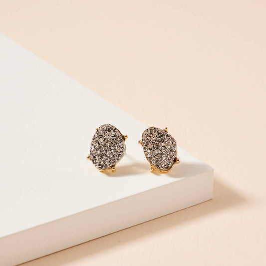 Organic Shaped Druzy Stone Stud Earrings -Hematite