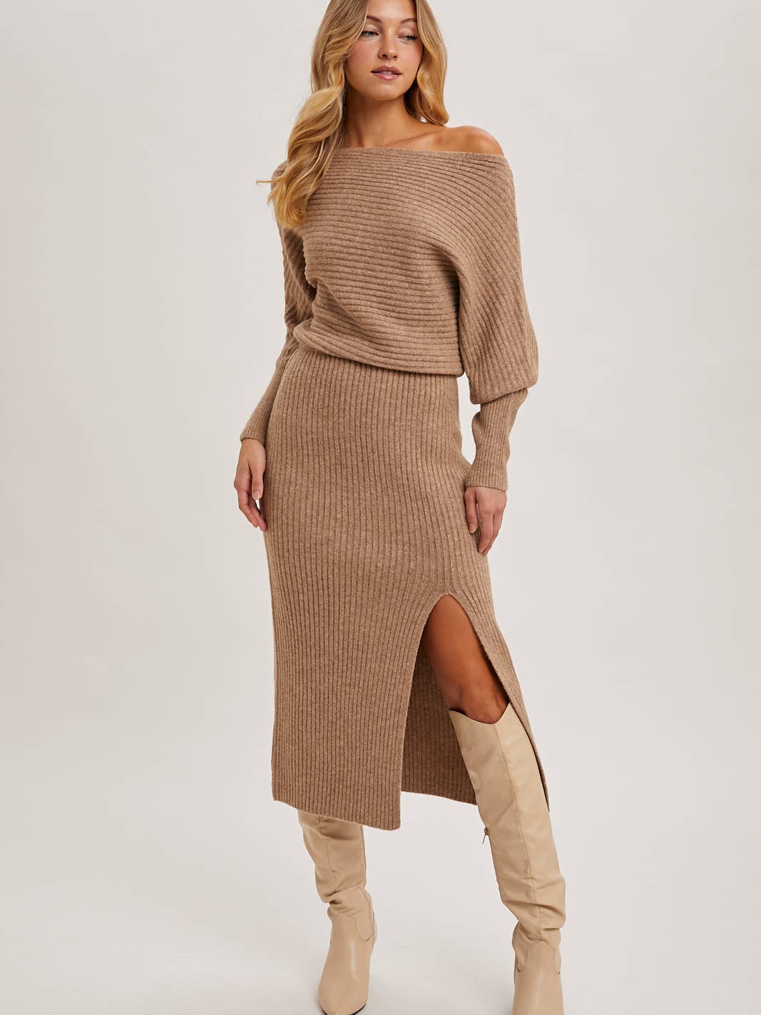 The Mila One-Shoulder Slit Midi Sweater Dress Latte