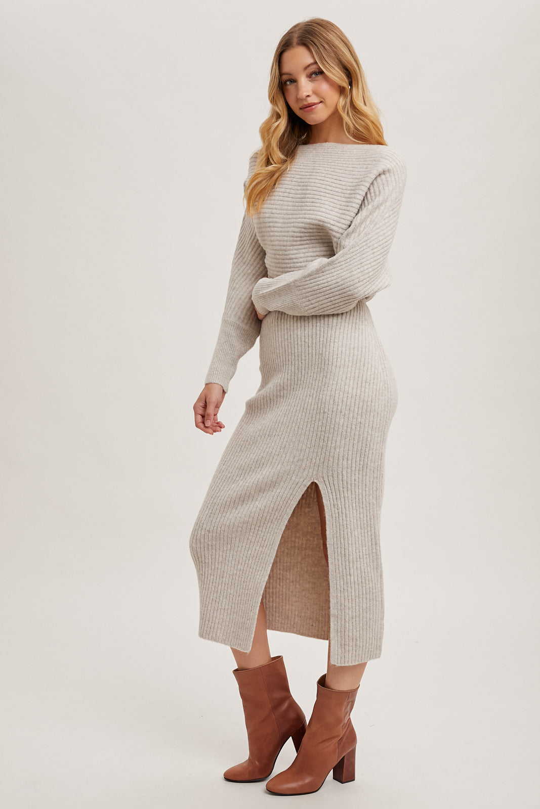 The Mila One-Shoulder Slit Midi Sweater Dress Oatmeal