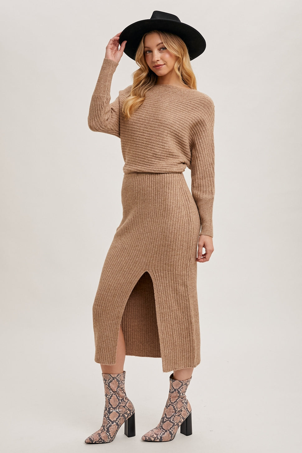 The Mila One-Shoulder Slit Midi Sweater Dress Latte