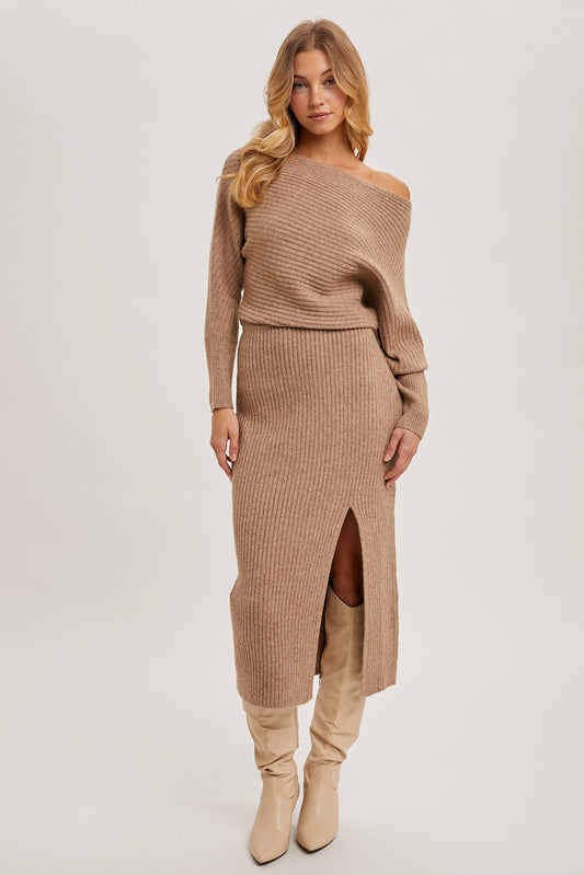 The Mila One-Shoulder Slit Midi Sweater Dress Latte