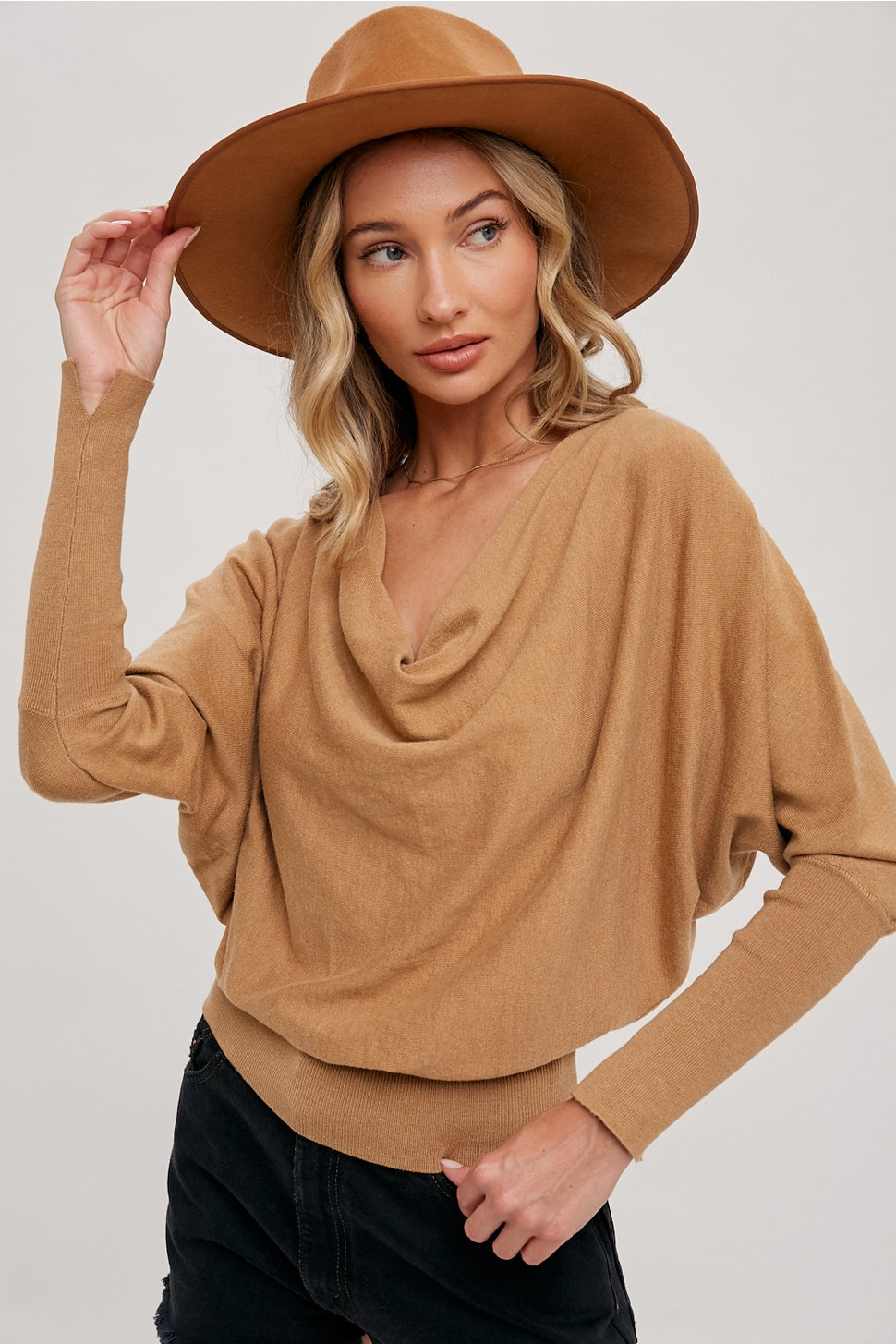 The Cora Dolman Cowl Neck or One Shoulder Knit Top