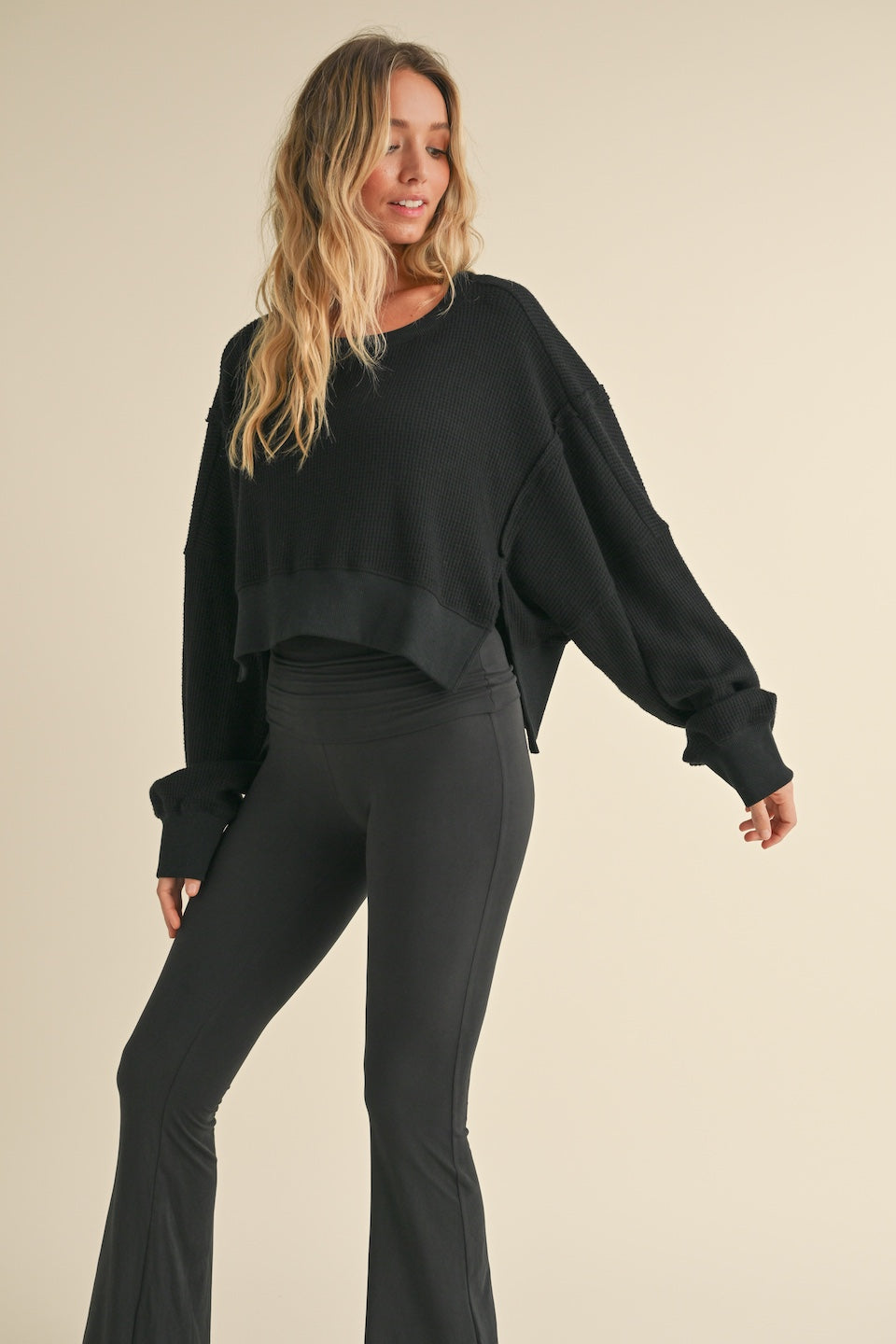 The Meg Waffle Knit Oversized Long Sleeve Top