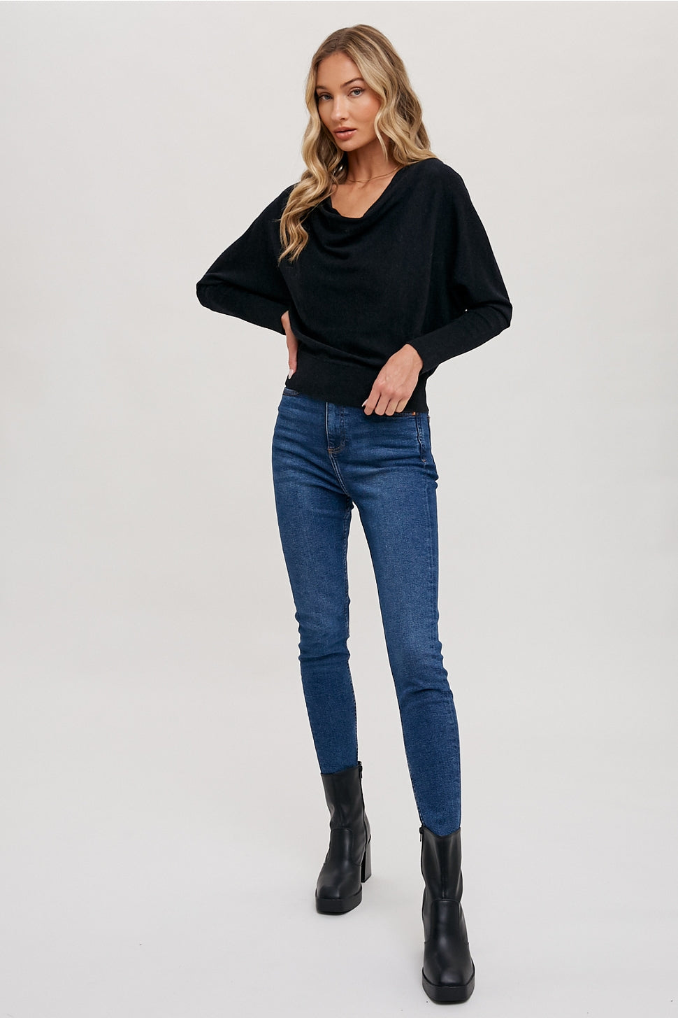 The Cora Dolman Cowl Neck or One Shoulder Knit Top