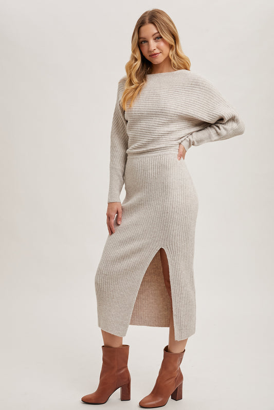 The Mila One-Shoulder Slit Midi Sweater Dress Oatmeal