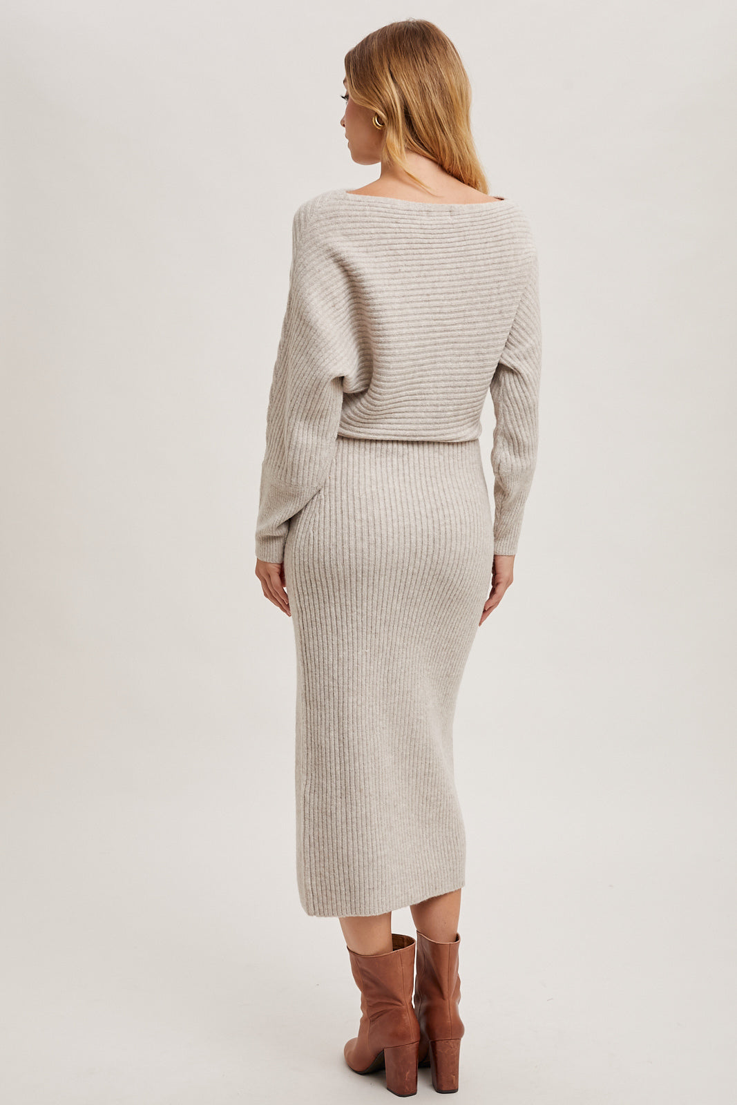 The Mila One-Shoulder Slit Midi Sweater Dress Oatmeal