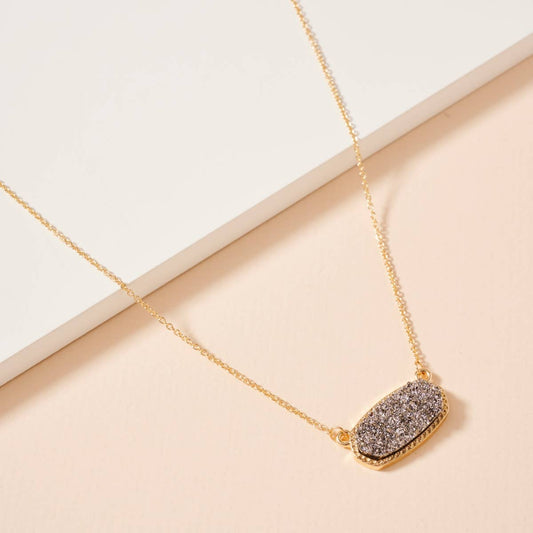 Druzy Stone Charm Short Necklace - Hematite