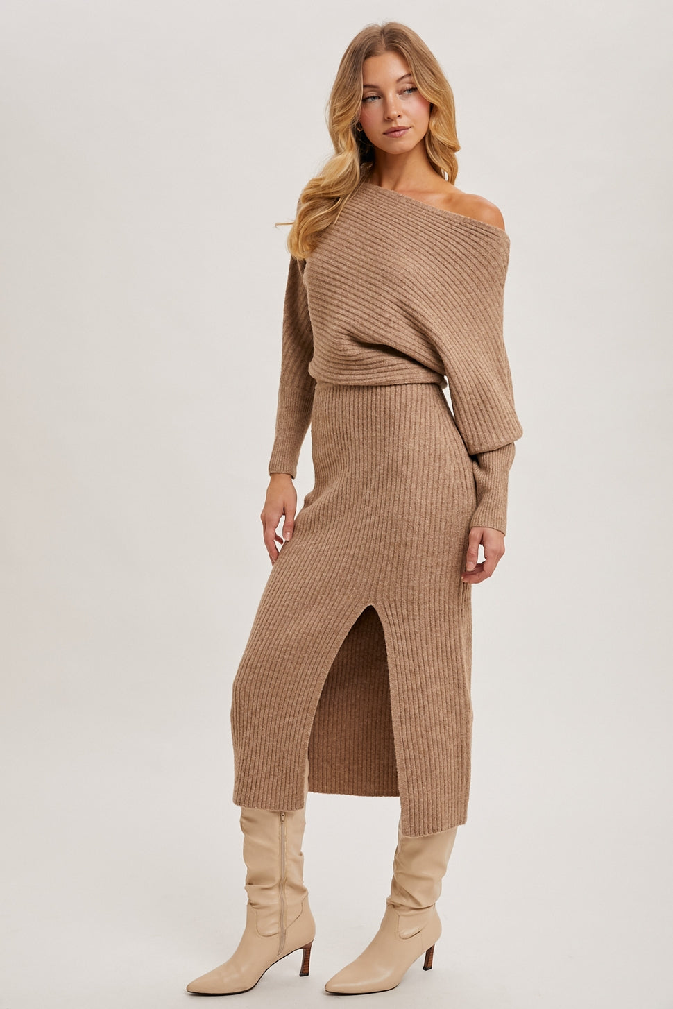 The Mila One-Shoulder Slit Midi Sweater Dress Latte