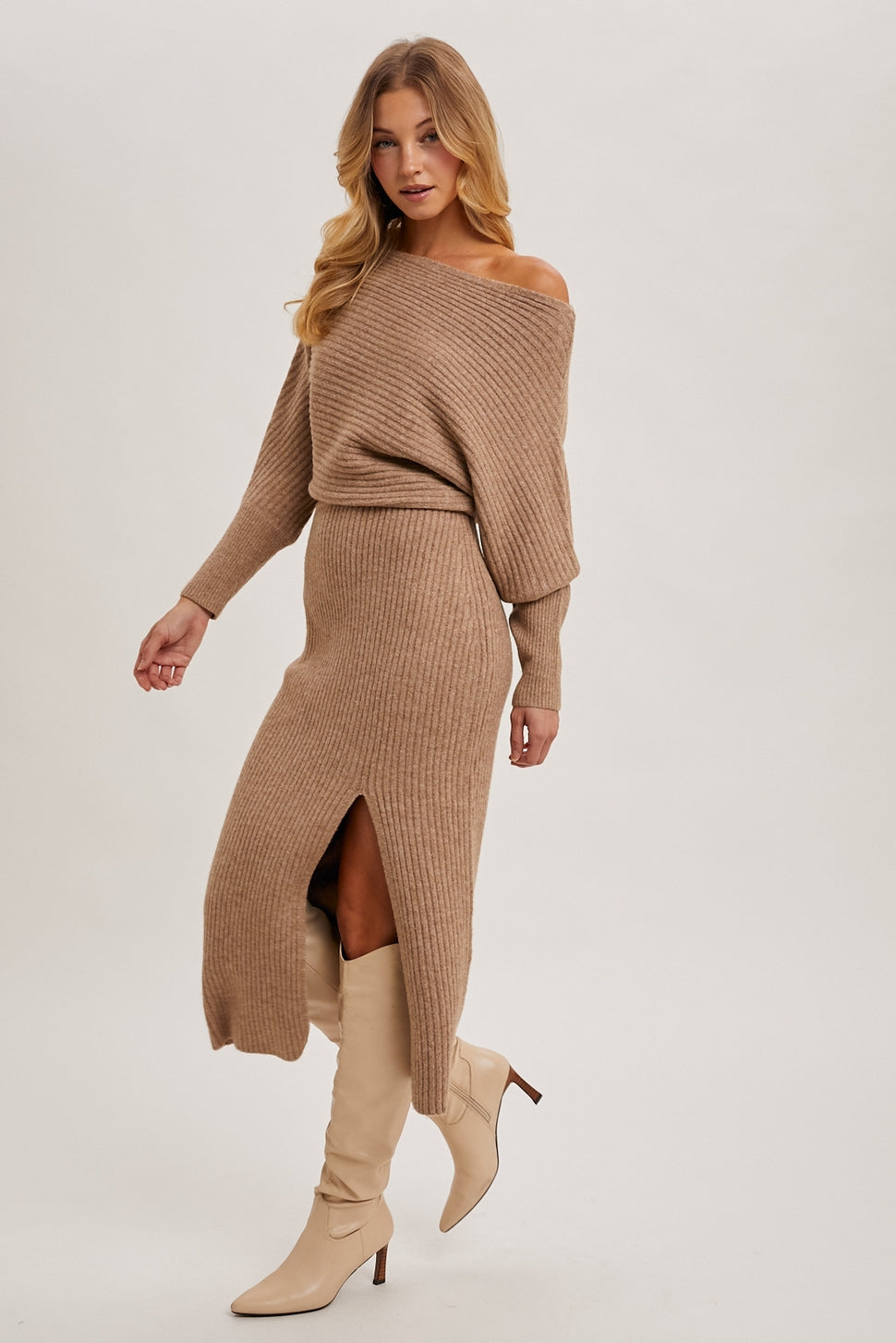 The Mila One-Shoulder Slit Midi Sweater Dress Latte – Curated by AM The Mila One-Shoulder Slit Midi Sweater Dress Latte – Curated by AM