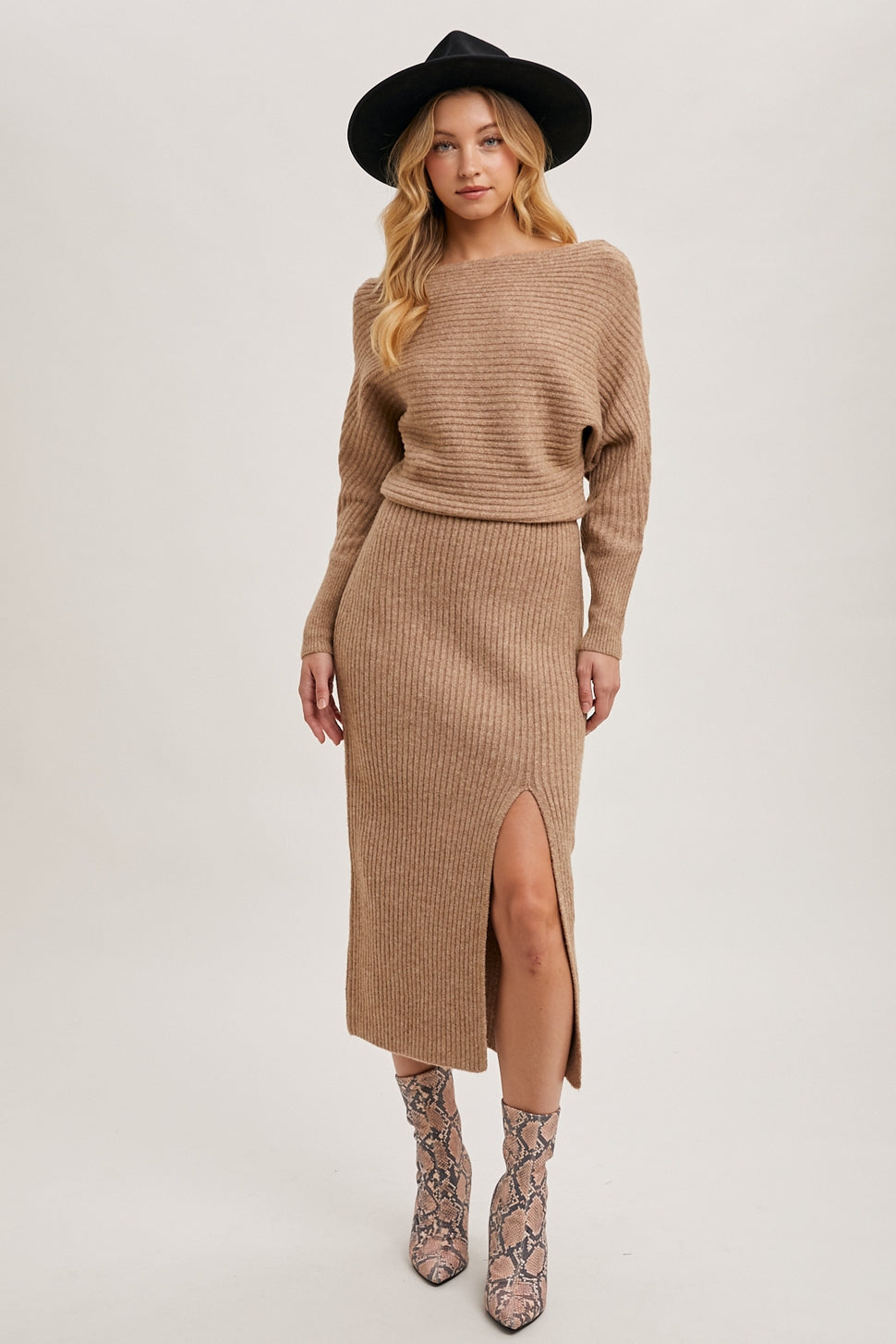 The Mila One-Shoulder Slit Midi Sweater Dress Latte