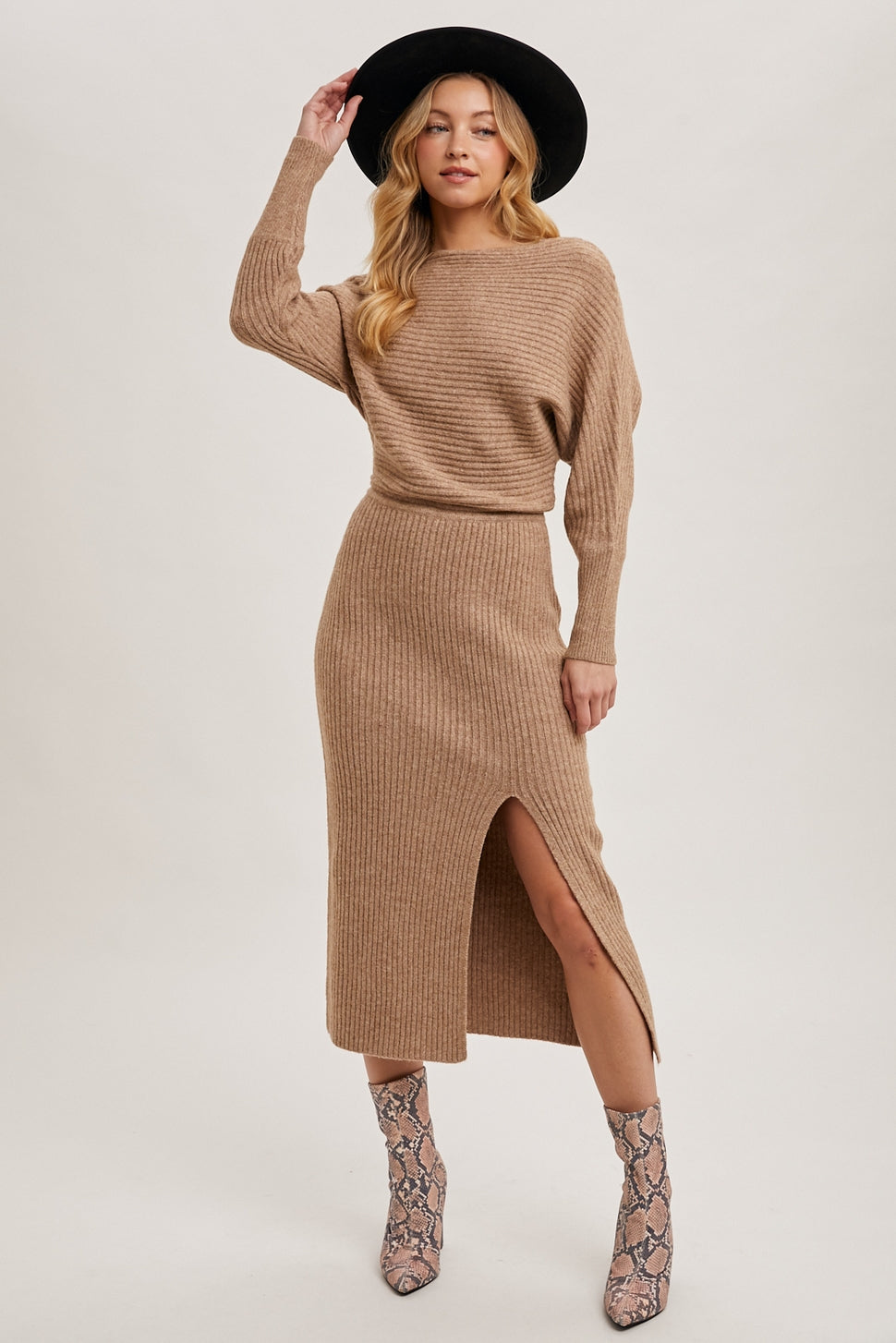 The Mila One-Shoulder Slit Midi Sweater Dress Latte